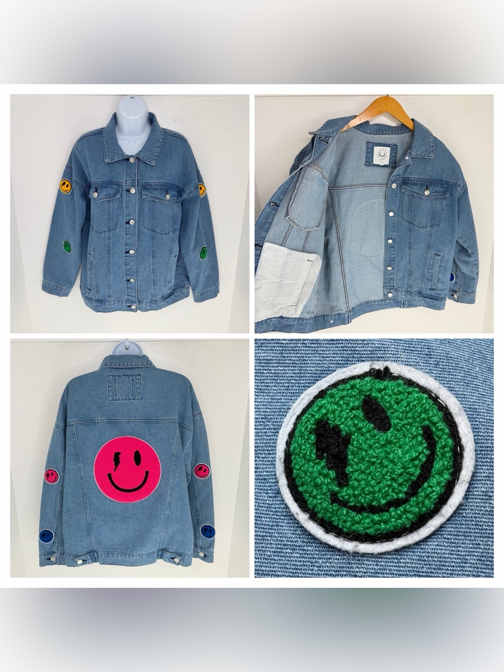 Fantastic Fawn Denim Jacket Smiley Face Patchwork Womens Small Boho Hippie